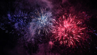 pink and blue fireworks light up the night sky
