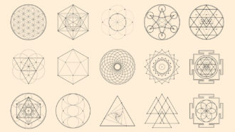 illustrations of 12 abstract geometric objects with curved and straight lines